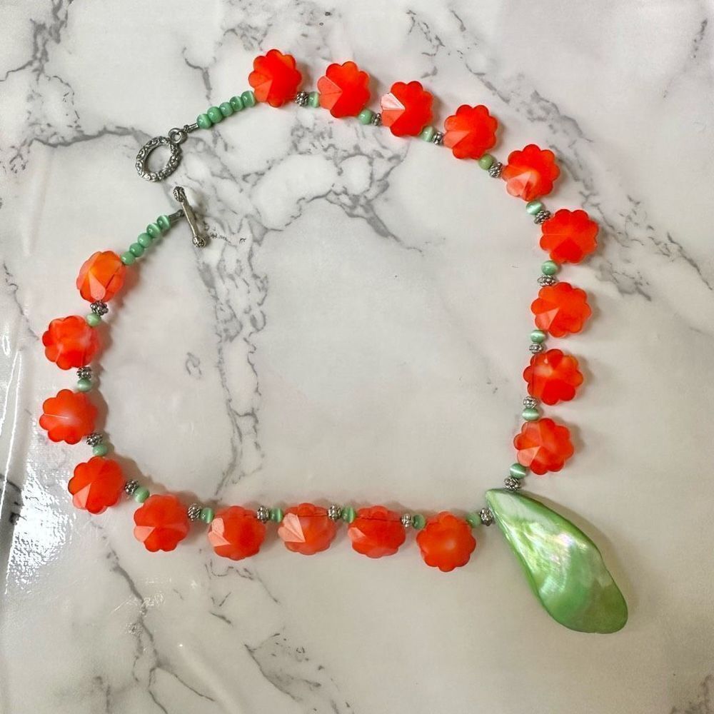 Green abalone orange flower vintage necklace